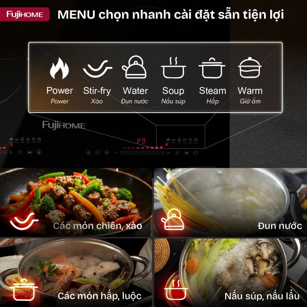 Với tổng công suất lên đến 3600W, bếp từ đôi Fujihome IC2623 cho phép nấu hai món ăn cùng lúc mà vẫn đảm bảo hiệu suất tối đa. Vùng nấu trái: 1700W (Booster 1800W) Vùng nấu phải: 1700W (Booster 1800W)