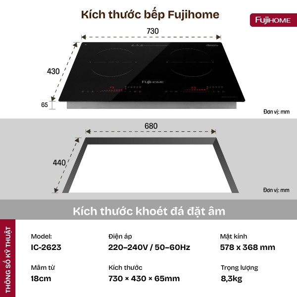 Với tổng công suất lên đến 3600W, bếp từ đôi Fujihome IC2623 cho phép nấu hai món ăn cùng lúc mà vẫn đảm bảo hiệu suất tối đa. Vùng nấu trái: 1700W (Booster 1800W) Vùng nấu phải: 1700W (Booster 1800W)