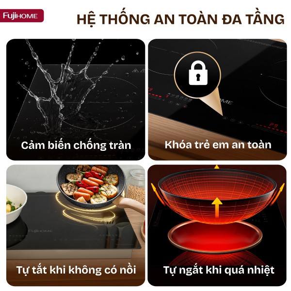 Với tổng công suất lên đến 3600W, bếp từ đôi Fujihome IC2623 cho phép nấu hai món ăn cùng lúc mà vẫn đảm bảo hiệu suất tối đa. Vùng nấu trái: 1700W (Booster 1800W) Vùng nấu phải: 1700W (Booster 1800W)