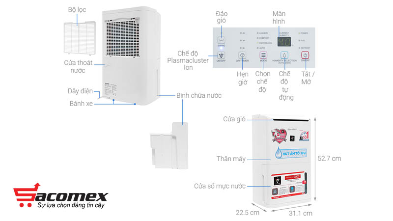 Cấu tạo của máy hút ẩm và lọc không khí Sharp DW-D12A-W