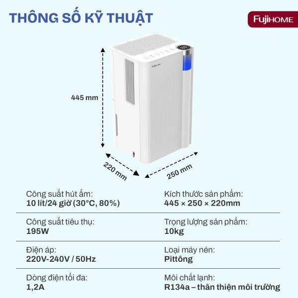 Đặc điểm nổi bật của máy hút ẩm dân dụng Fujihome DH10NEW