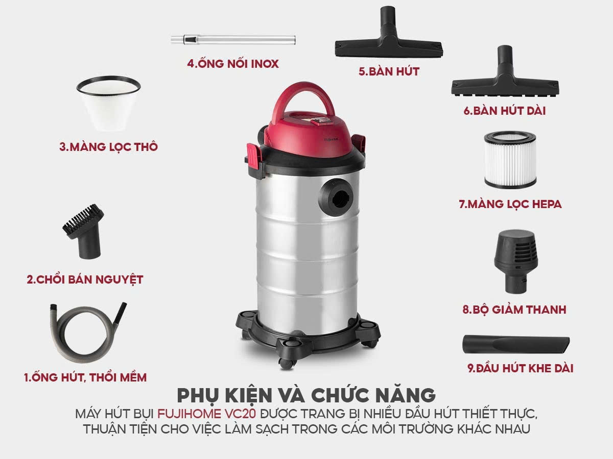 Đặc điểm nổi bật của máy hút bụi khô và ướt công nghiệp Fujihome VC20