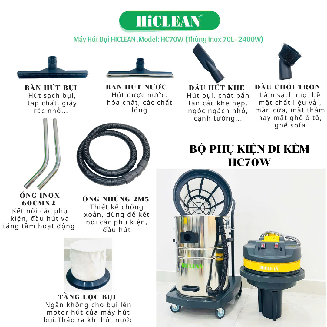 ​ Ưu điểm nổi bật của máy hút bụi công nghiệp HiClean HC70W