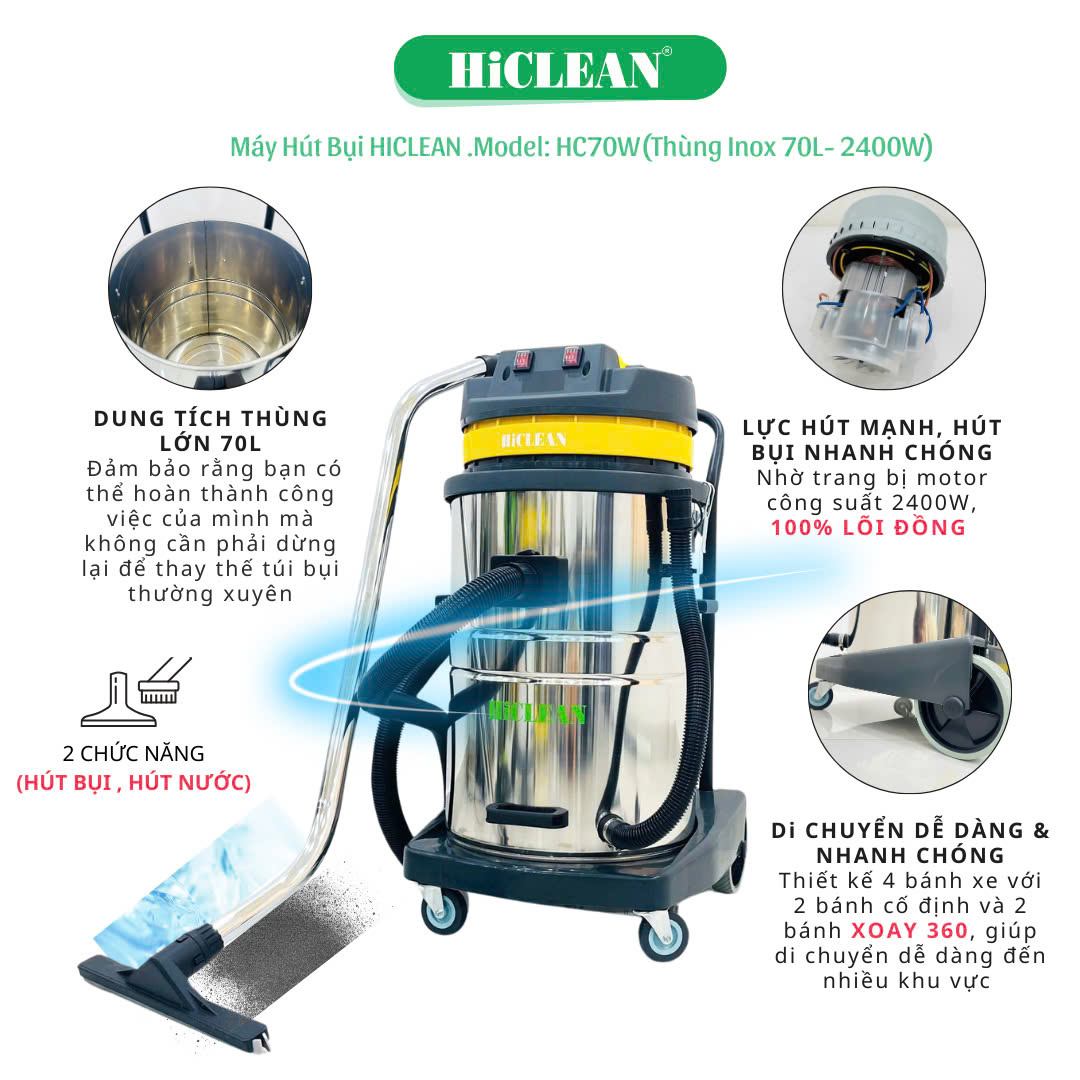 Ưu điểm nổi bật của máy hút bụi công nghiệp HiClean HC70W