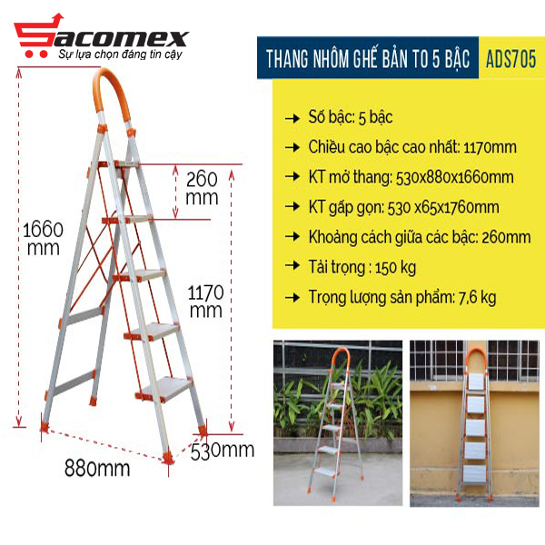 Thang nhôm ghế bản to 5 bậc ADVINDEQ ADS-705