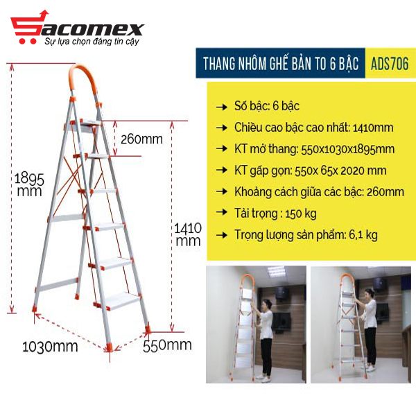 Thang nhôm ghế bản to 6 bậc ADVINDEQ ADS-706