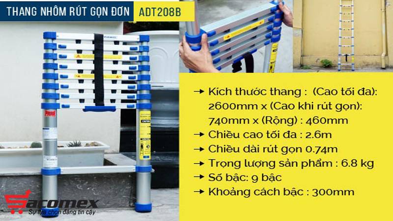 Thang nhôm rút gọn đơn Advindeq ADT208B 2.6 mét