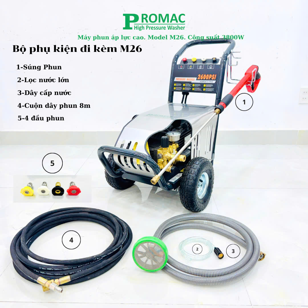 Phụ kiện đi kèm của máy phun rửa áp lực cao Promac M26