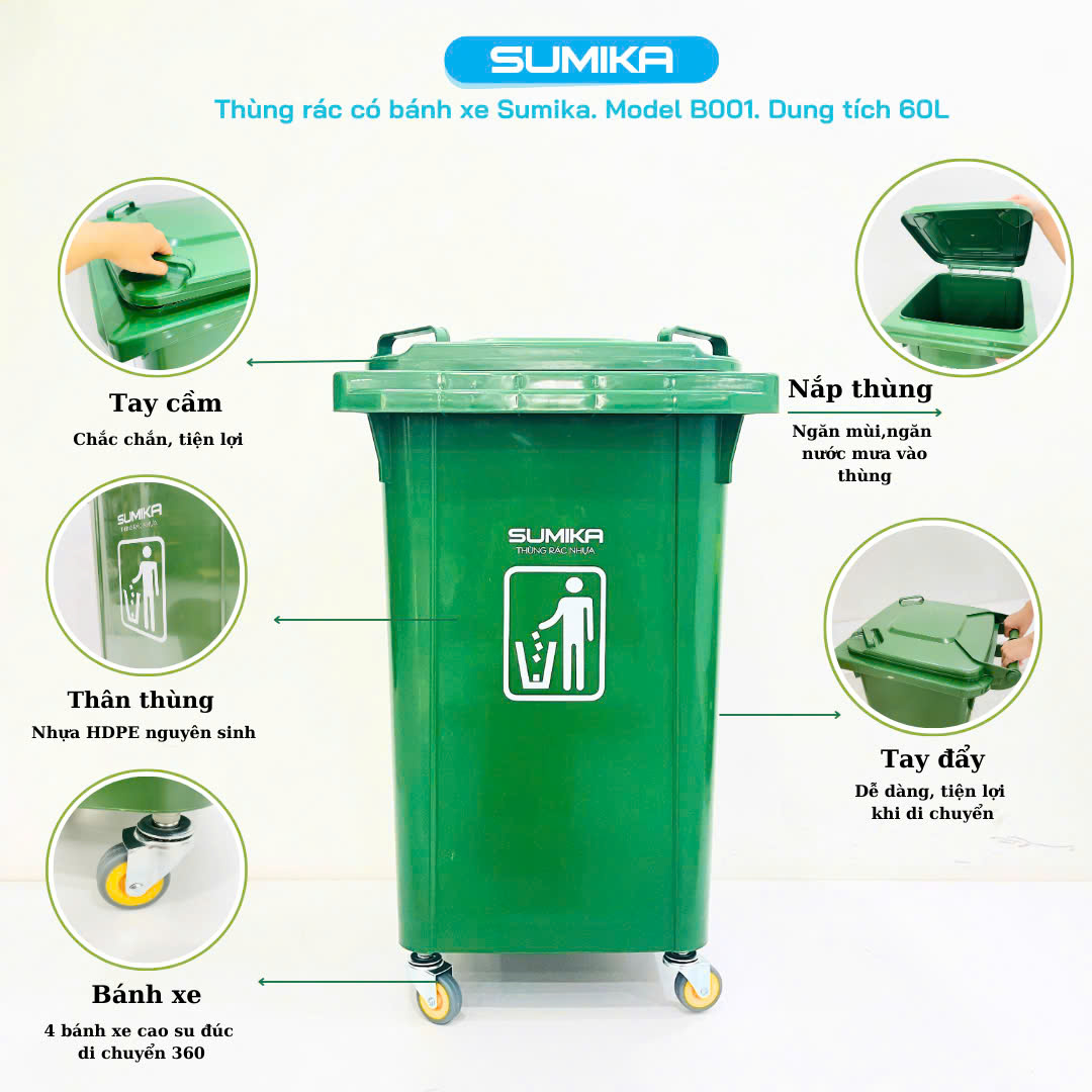 Giới thiệu thùng rác nhựa gia đình Sumika B001 60L