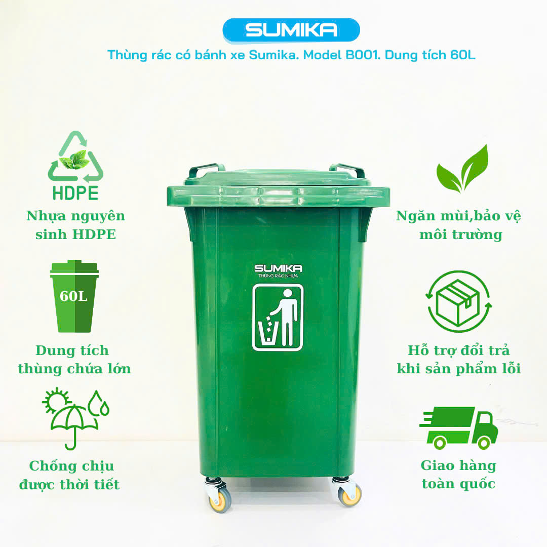 Giới thiệu thùng rác nhựa gia đình Sumika B001 60L
