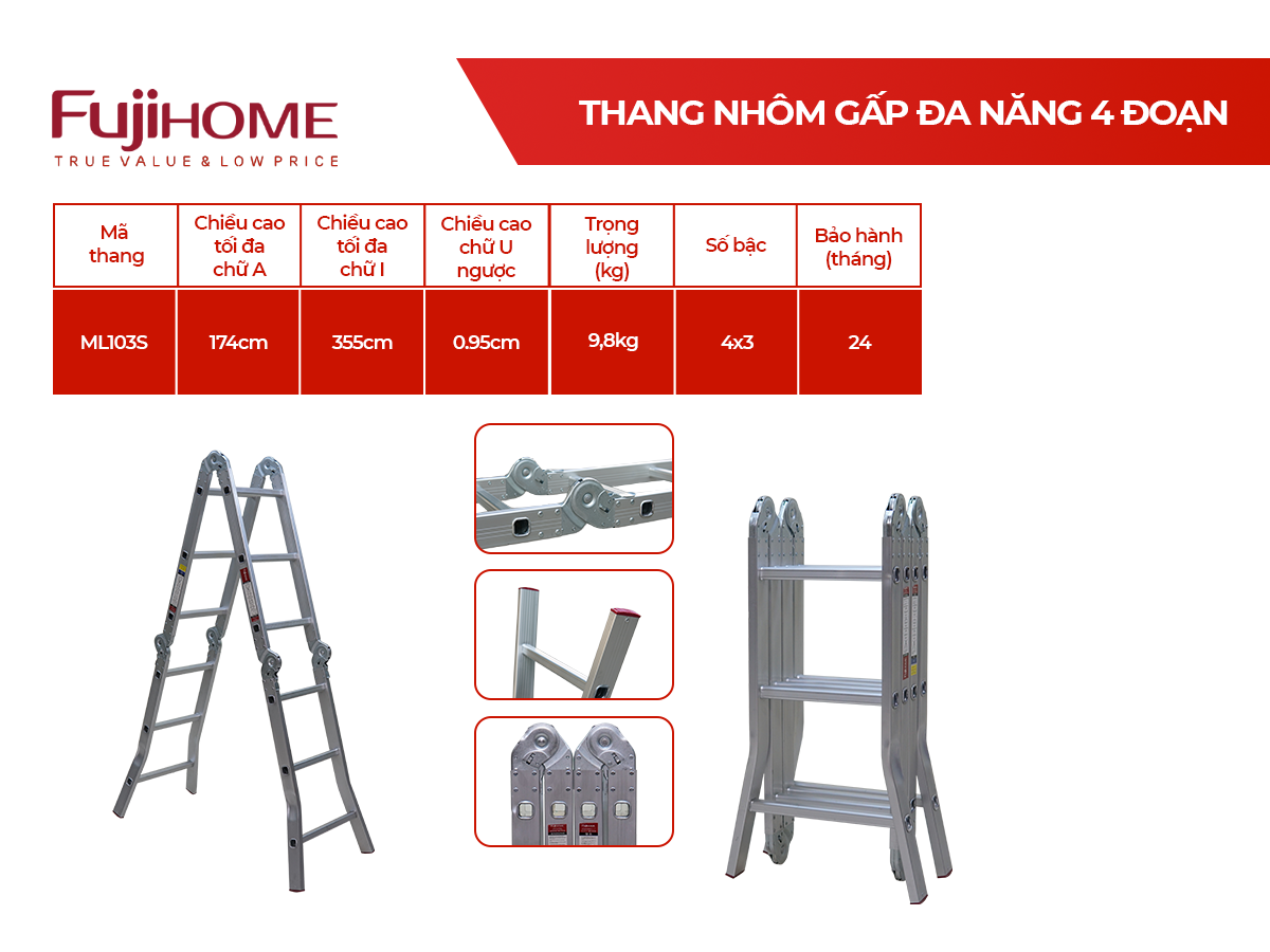 Đặc điểm nổi bật thang nhôm gấp đa năng Fujihome ML103S