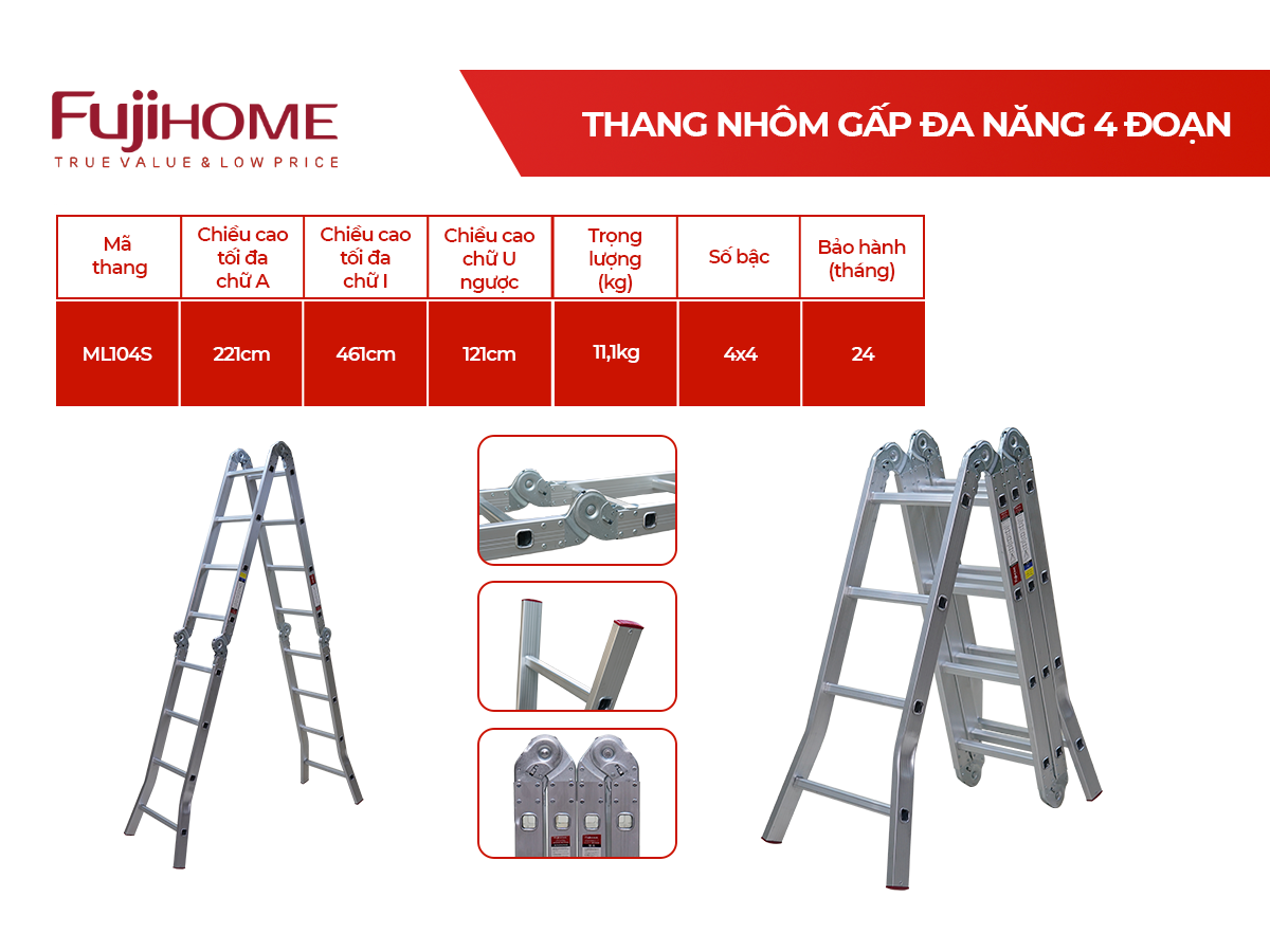 Đặc điểm nổi bật thang nhôm gấp đa năng 4 đoạn Fujihome ML104S