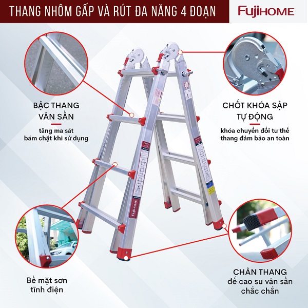 Đặc điểm nổi bật thang nhôm gấp và rút đa năng 4 đoạn Fujihome ML44