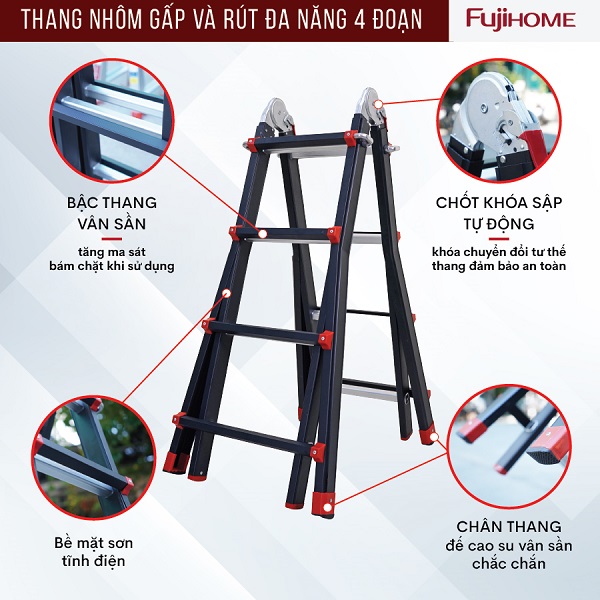 Đặc điểm nổi bật của thang nhôm gấp và rút đa năng 4 đoạn Fujihome ML44B