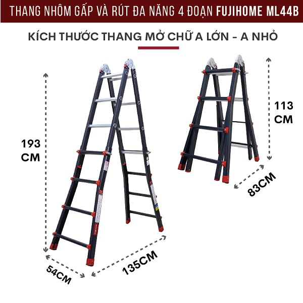 Đặc điểm nổi bật của thang nhôm gấp và rút đa năng 4 đoạn Fujihome ML44B