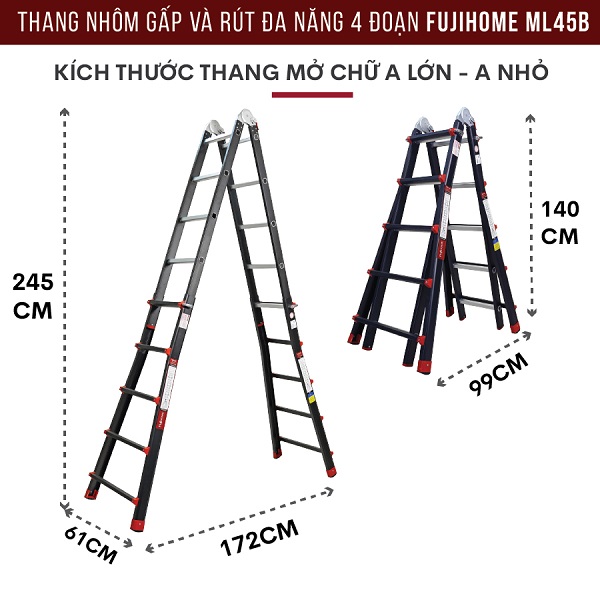 Đặc điểm nổi bật của thang nhôm gấp và rút đa năng 4 đoạn Fujihome ML45B