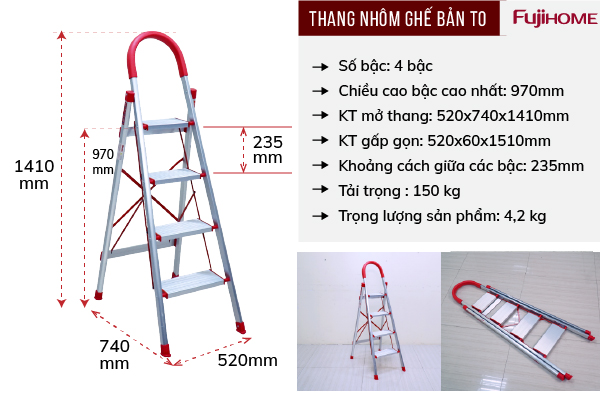Đặc điểm nổi bật của thang nhôm ghế bản to 4 bậc Fujihome SL-304