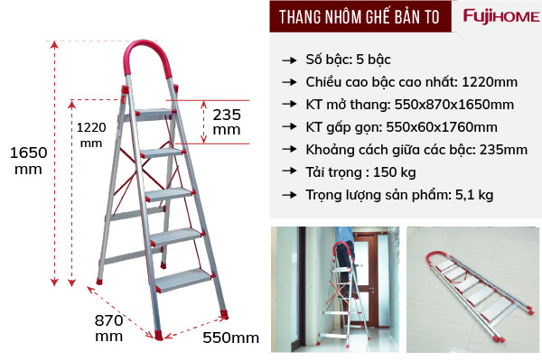 Đặc điểm nổi bật của thang nhôm ghế bản to 5 bậc Fujihome SL-305