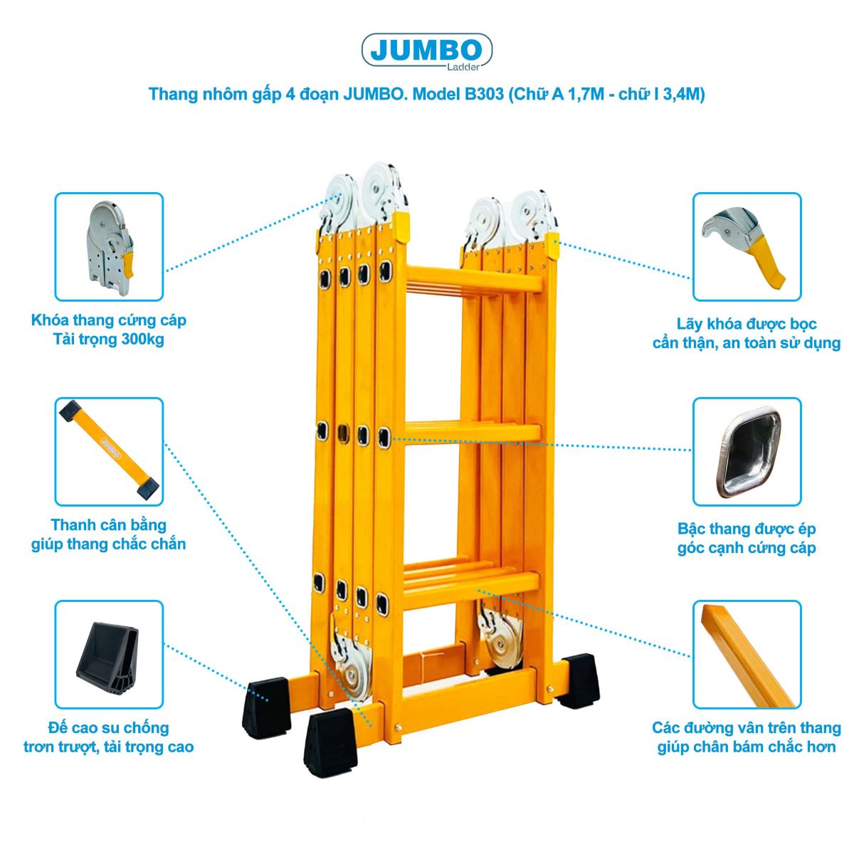 Ưu điểm nổi bật của thang nhôm gấp 4 đoạn JUMBO B303