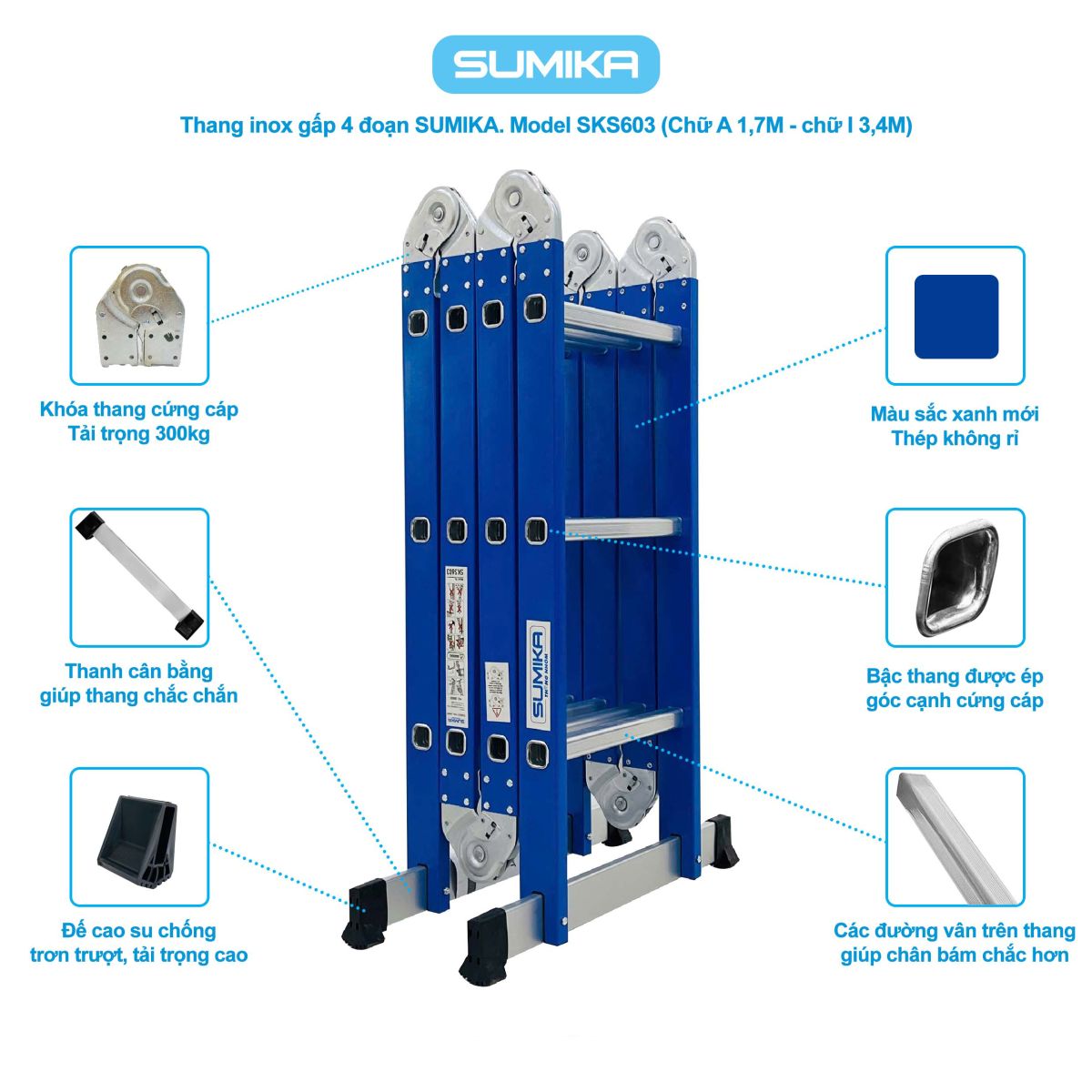 Ưu điểm nổi bật của thang inox gấp đa năng 4 đoạn Sumika SKS603