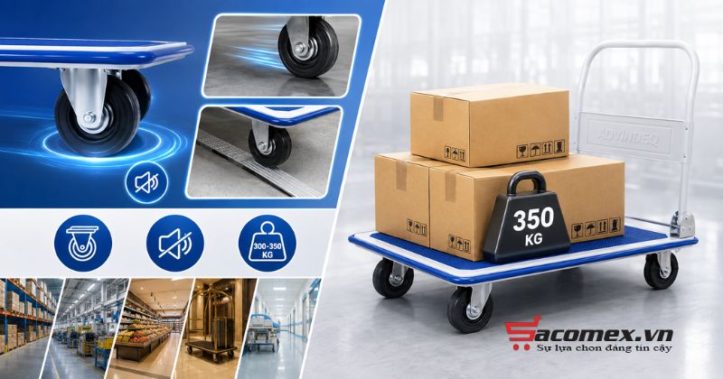 Công nghệ bánh xe PU chống ồn và tải trọng khủng của xe đẩy hàng Advindeq TL-300
