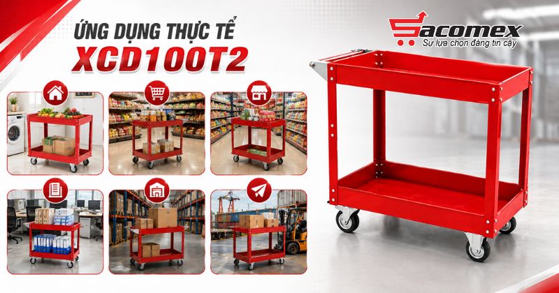 Ứng dụng thực tế của xe đẩy hàng công cụ 4 bánh 2 tầng XCD100T2