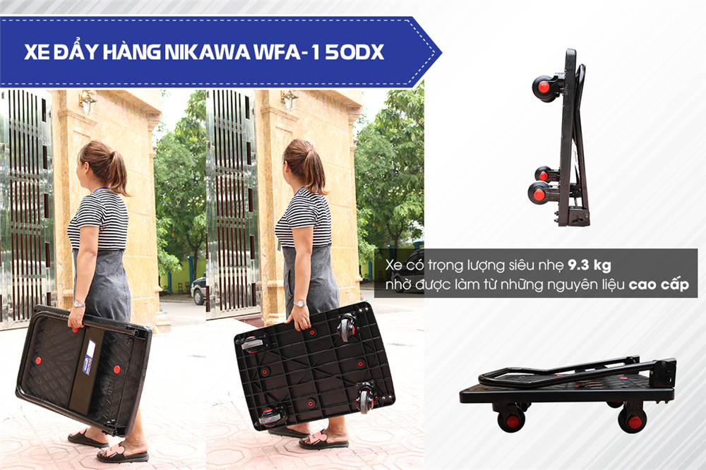 Xe được trang bị 4 bánh xe đường kính 100mm, trong đó có 2 bánh cố định và 2 bánh xoay, hỗ trợ di chuyển linh hoạt, dễ dàng quay đầu hoặc đổi hướng khi cần.