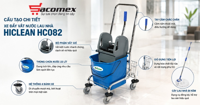 Cấu tạo chi tiết của xe đẩy vắt nước lau nhà HiClean HC082