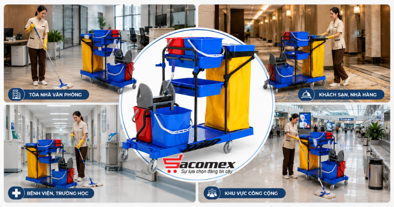Ứng dụng thực tế của xe đẩy dọn vệ sinh công nghiệp HiClean HC173