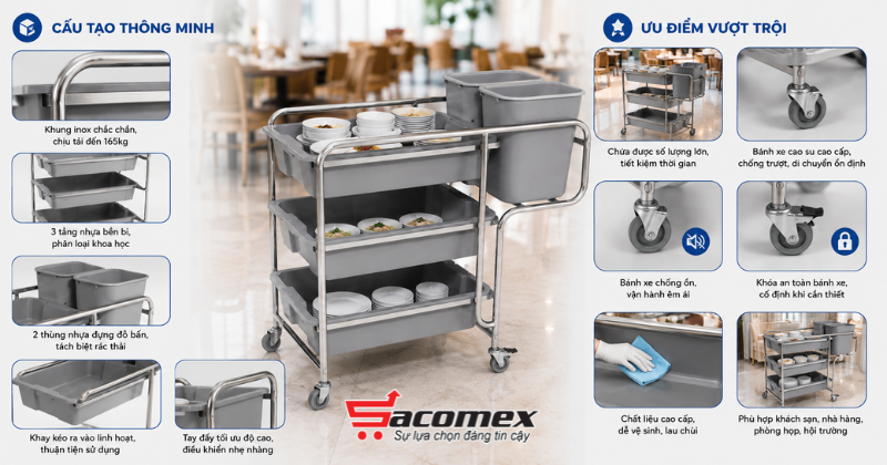 Đặc điểm cấu tạo và ưu điểm của xe đẩy thu gom bát đĩa và thức ăn HiClean HC168