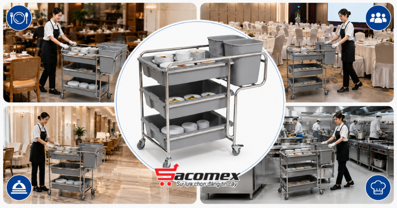 Ứng dụng thực tế của xe đẩy thu gom bát đĩa và thức ăn HiClean HC168