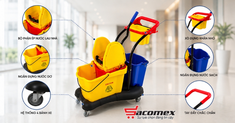 Cấu tạo chi tiết của xe đẩy vắt cây lau nhà 2 ngăn HiClean HC 086