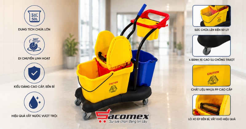 Những ưu điểm nổi bật của xe đẩy vắt cây lau nhà 2 ngăn HiClean HC 086
