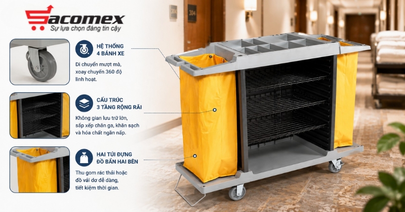 Cấu tạo chi tiết của xe đẩy làm phòng khách sạn HiClean HC 169
