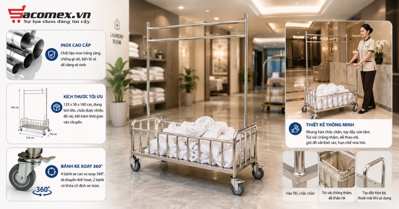 Đặc điểm nổi bật của xe đẩy đồ giặt là inox trắng HVIXL-13-SG