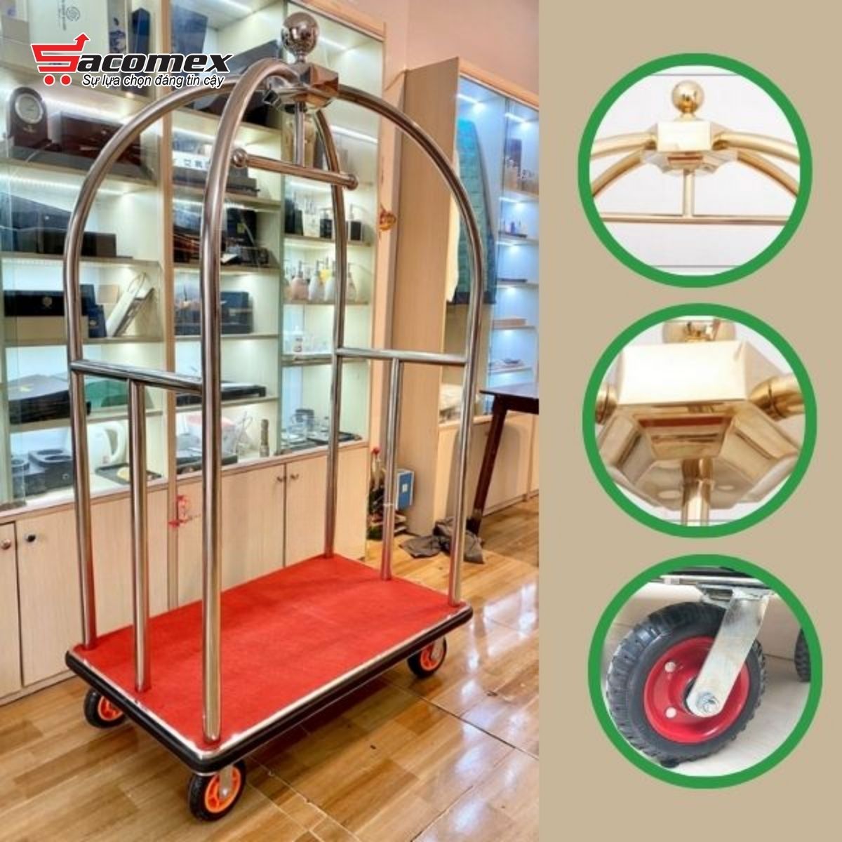 Lý do nên chọn xe đẩy hành lý khách sạn inox trắng HTIXL13 tại Sacomex