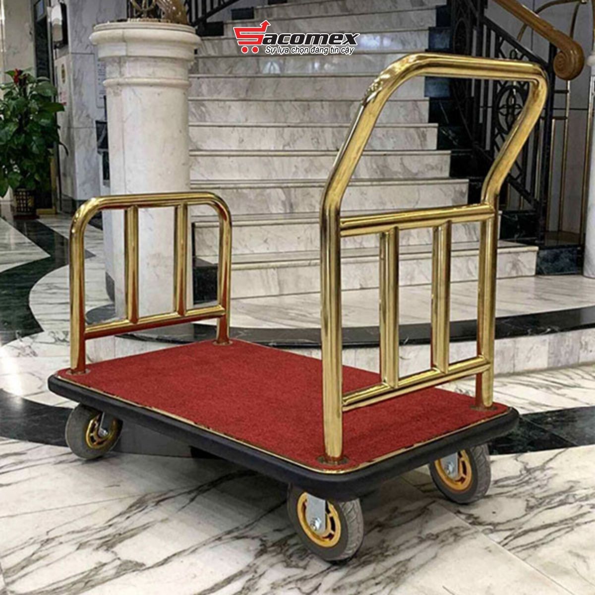 Giới thiệu về xe đẩy hành lý khách sạn inox vàng HTD22