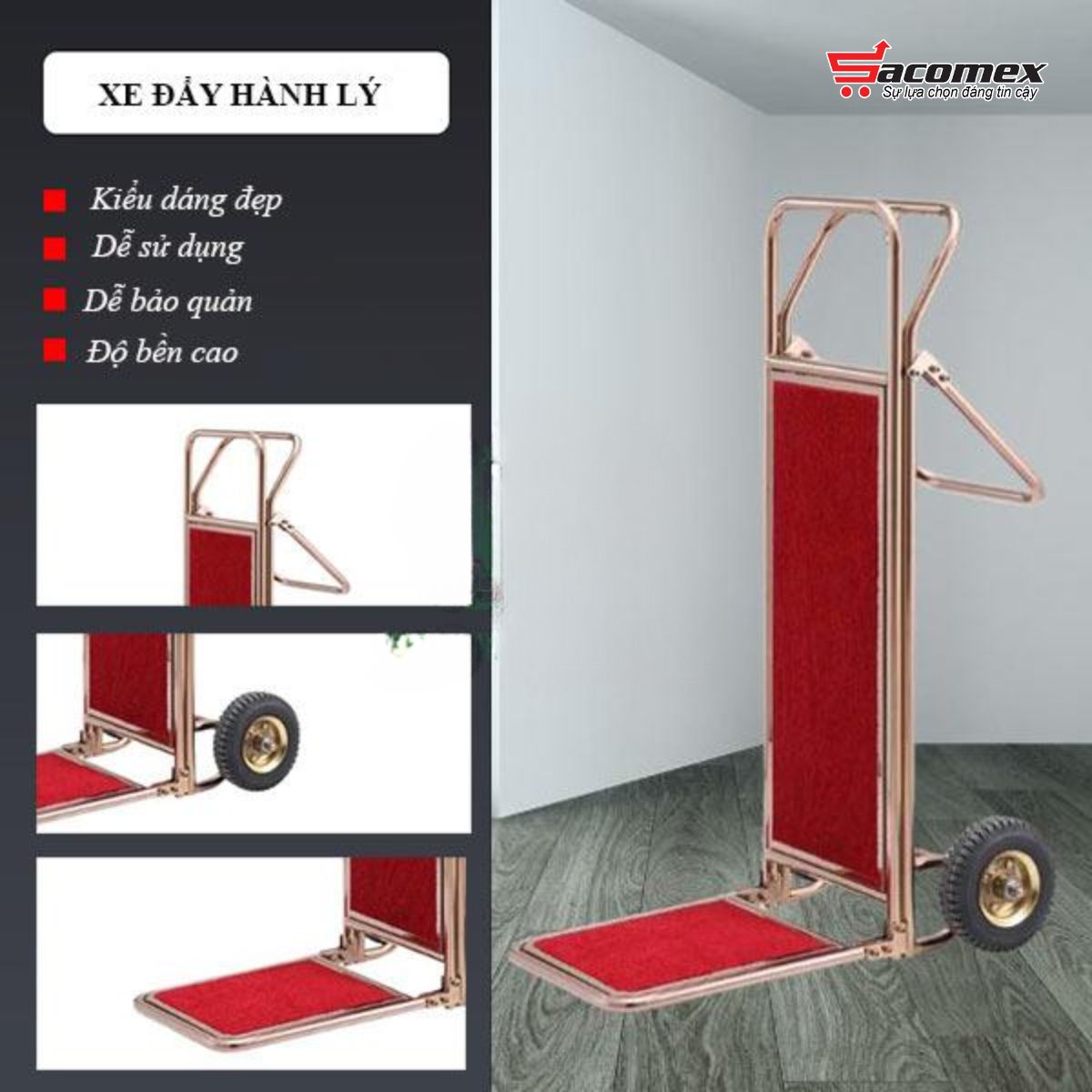 Đặc điểm nổi bật của xe đẩy hành lý khách sạn inox vàng HTD23