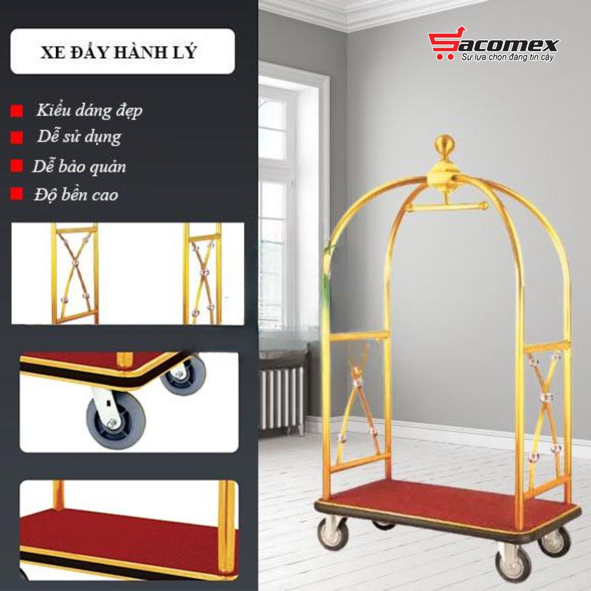Lợi ích khi lựa chọn xe đẩy hành lý khách sạn inox vàng HTGXL01A