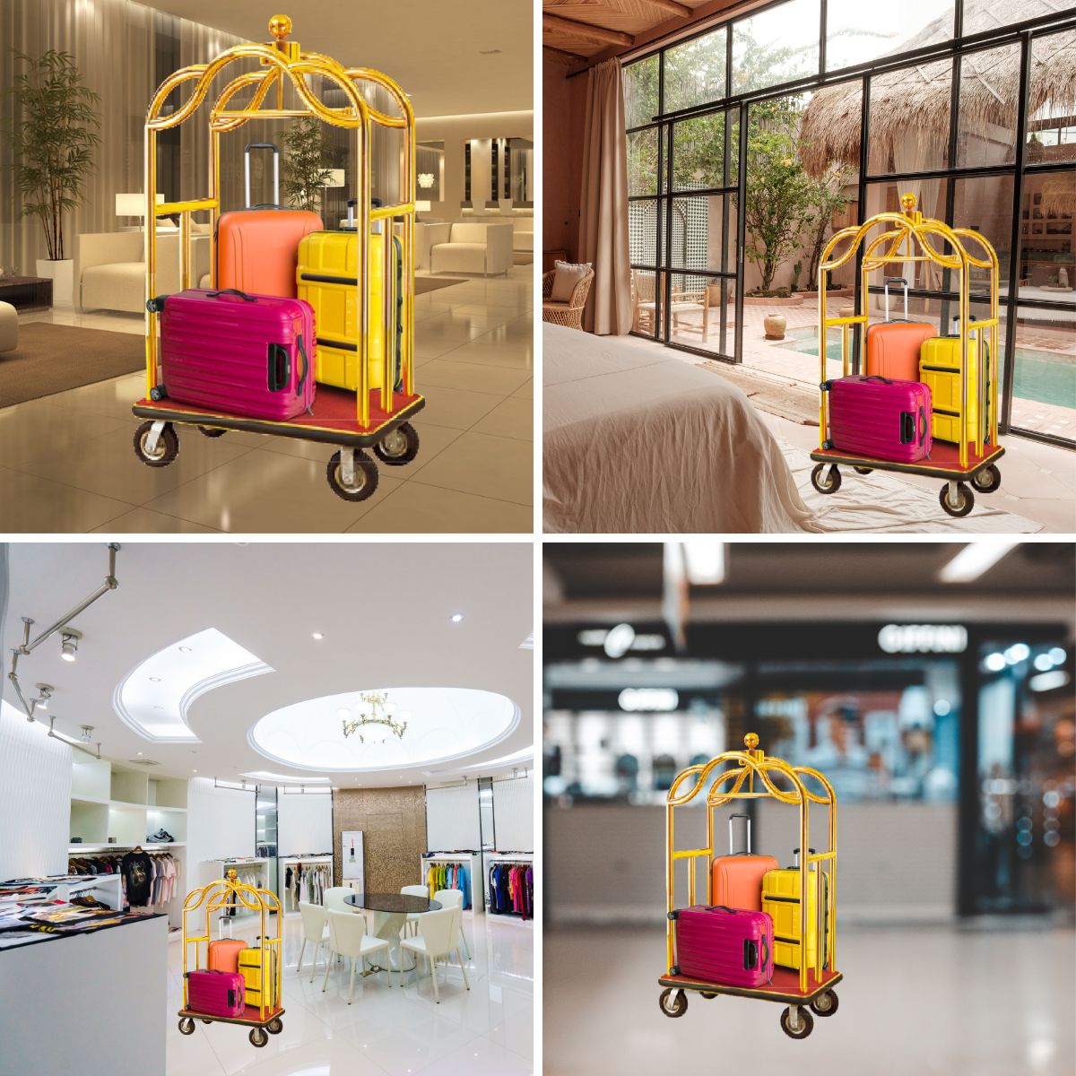 Ứng dụng thực tế của xe đẩy hành lý inox vàng HTGXL03
