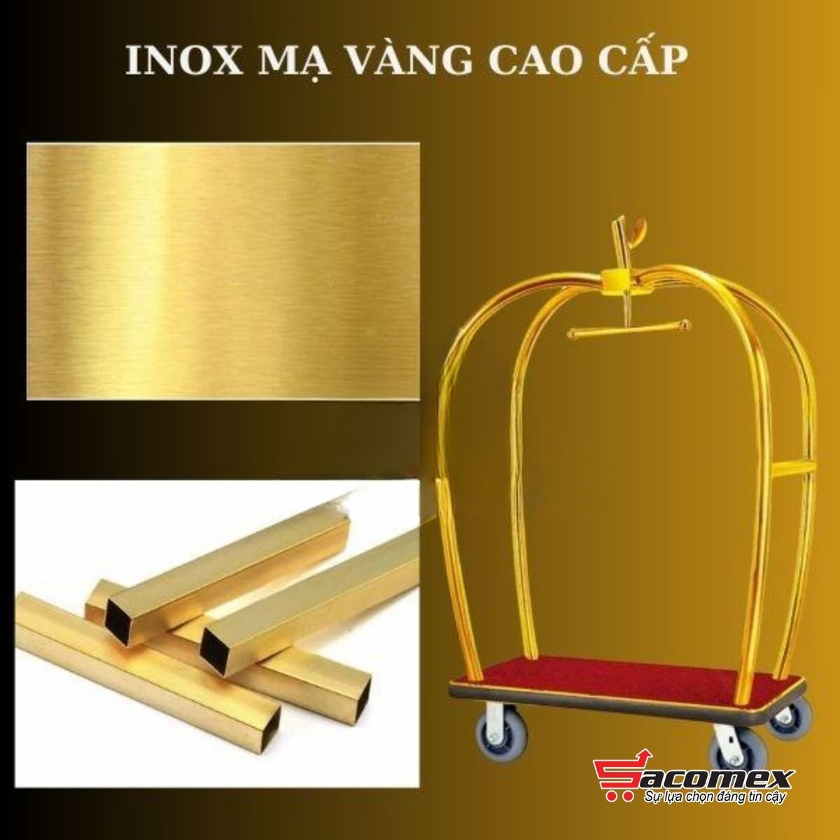 Giới thiệu về xe đẩy hành lý khách sạn inox vàng HTGXL13