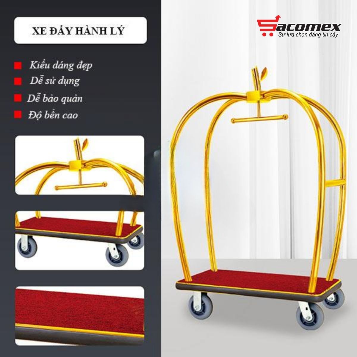 Ưu điểm nổi bật của xe đẩy hành lý khách sạn inox vàng HTGXL13