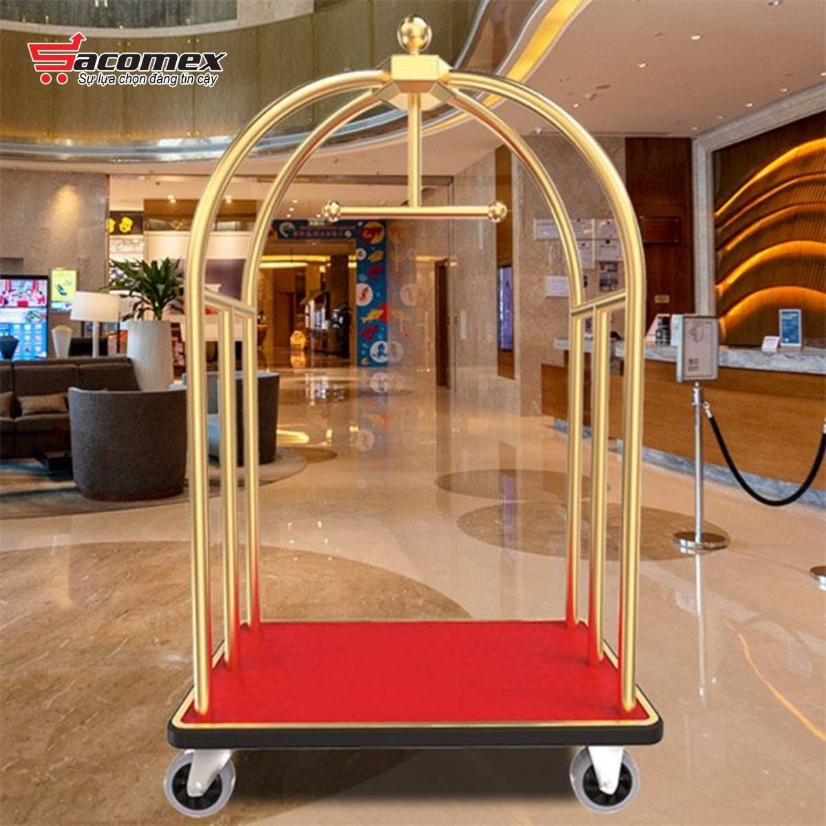 Lý do nên chọn xe đẩy hành lý khách sạn inox vàng HTGXL13 tại Sacomex
