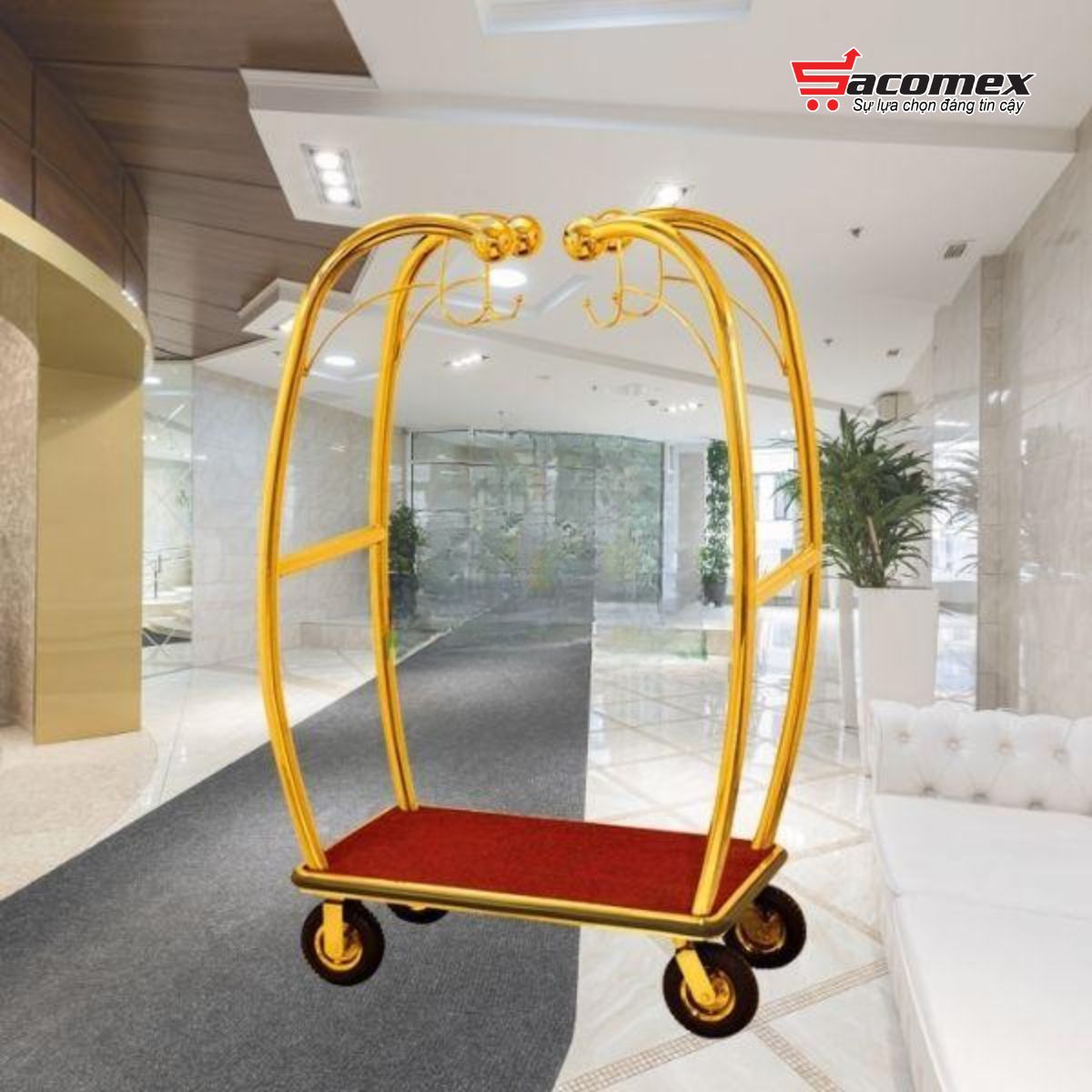Giới thiệu về xe đẩy hành lý khách sạn inox vàng HTGXL14