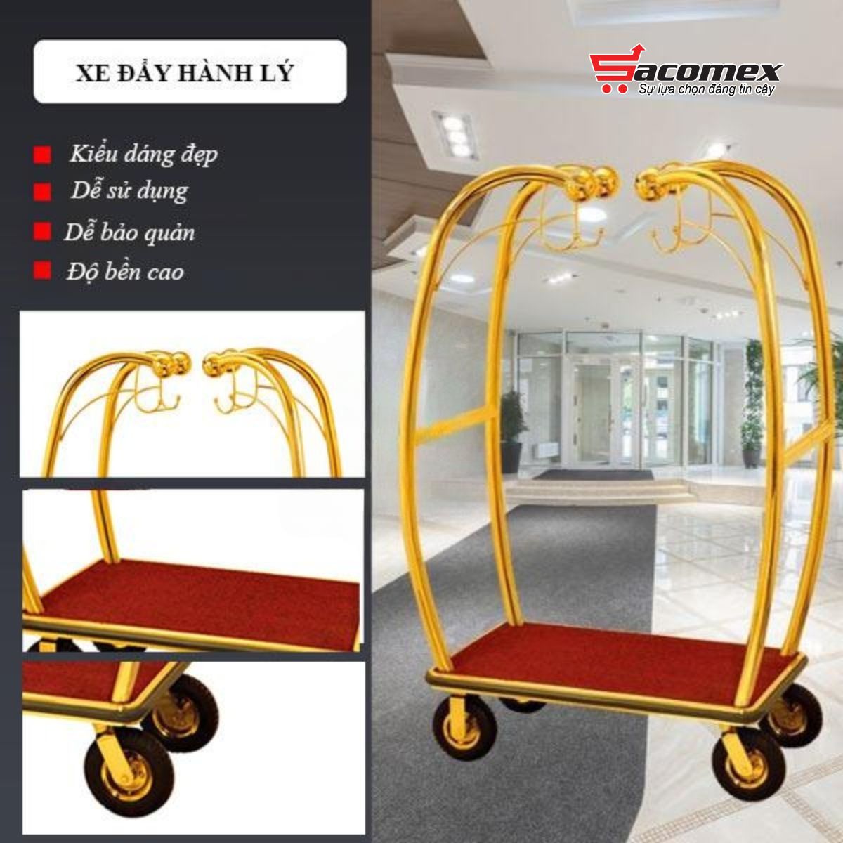 Ưu điểm nổi bật của xe đẩy hành lý khách sạn inox vàng HTGXL14