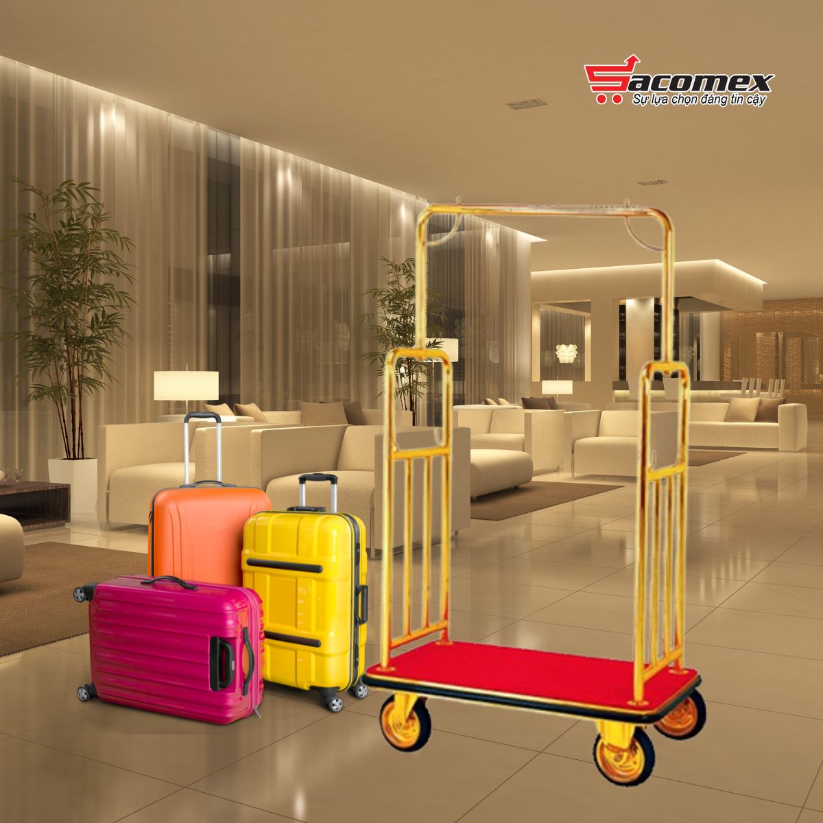 Giới thiệu về xe đẩy hành lý khách sạn inox vàng HTIX07-G