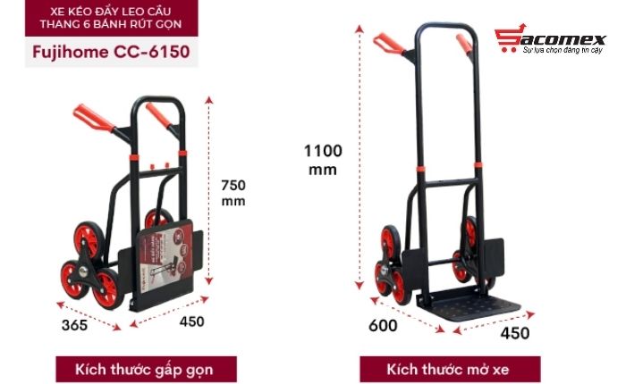 Giới thiệu về xe kéo đẩy leo cầu thang 6 bánh rút gọn Fujihome CC-6150
